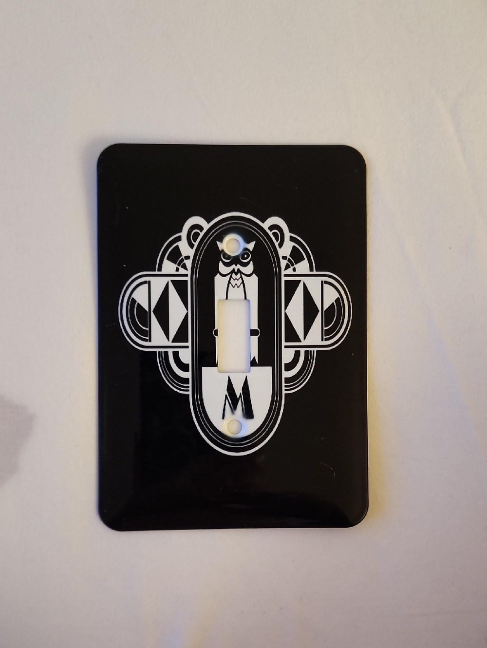 Black Light Switch Cover with White Geometric Owl Design Art Deco - M Monogram